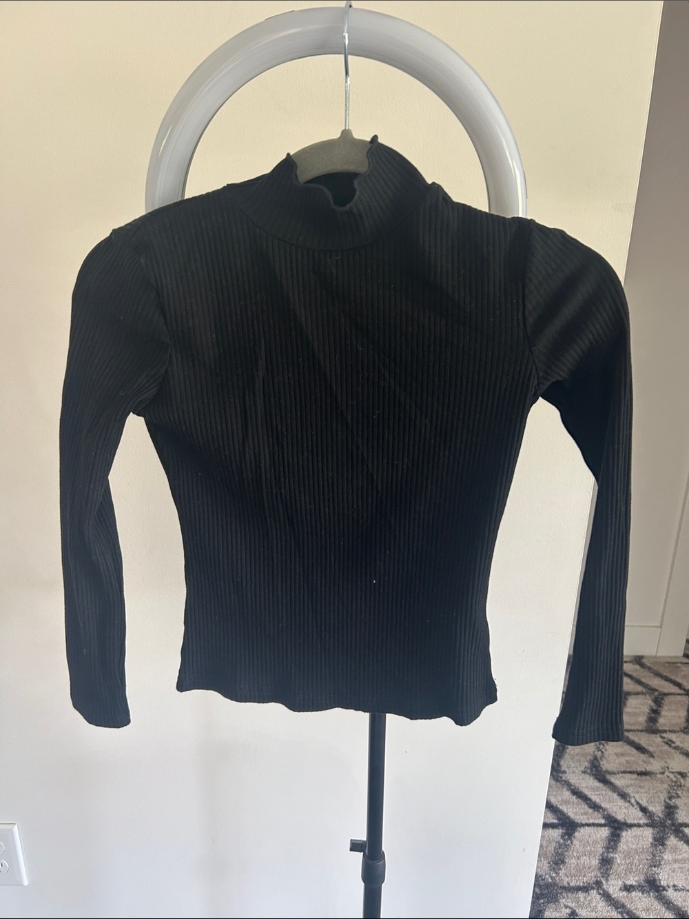 Black Ribbed Mock Neck Long-Sleeve Top